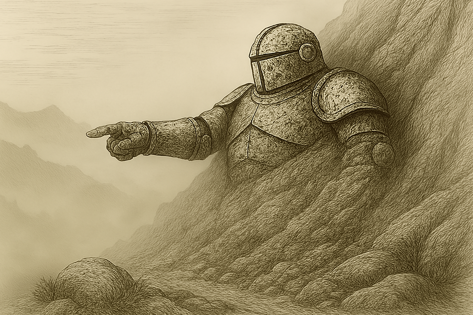 A line drawing of an armoured figure partially embedded in a mountainside with head and shoulders freed and one arm raised finger pointing at the horizon.