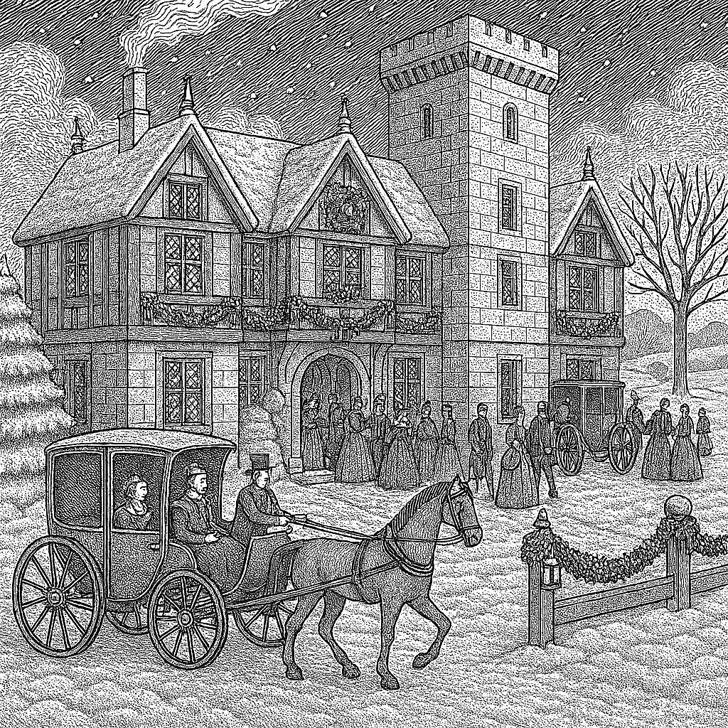 A line drawing of a medieval country estate in winter with a horsedrawn carriage in the foreground.