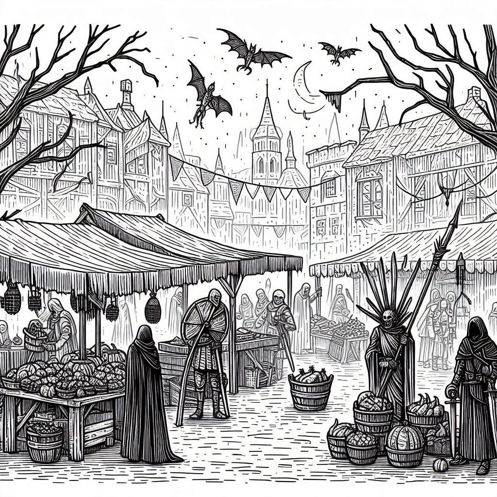 A line drawing of an outdoor market in a medieval city filled with undead. Bats fly overhead and a crescent moon hangs in the night sky.