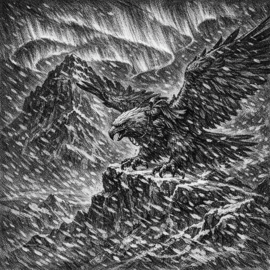 A black and white drawing of a giant eagle landing atop a mountain during a snowstorm. On its back sits a rider and an aurora glows in the sky above.
