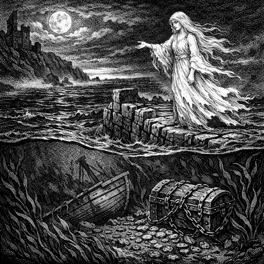A black and white image of a ghostly woman standing at the edge of a frozen lake with a sunken ship and treasure below the water