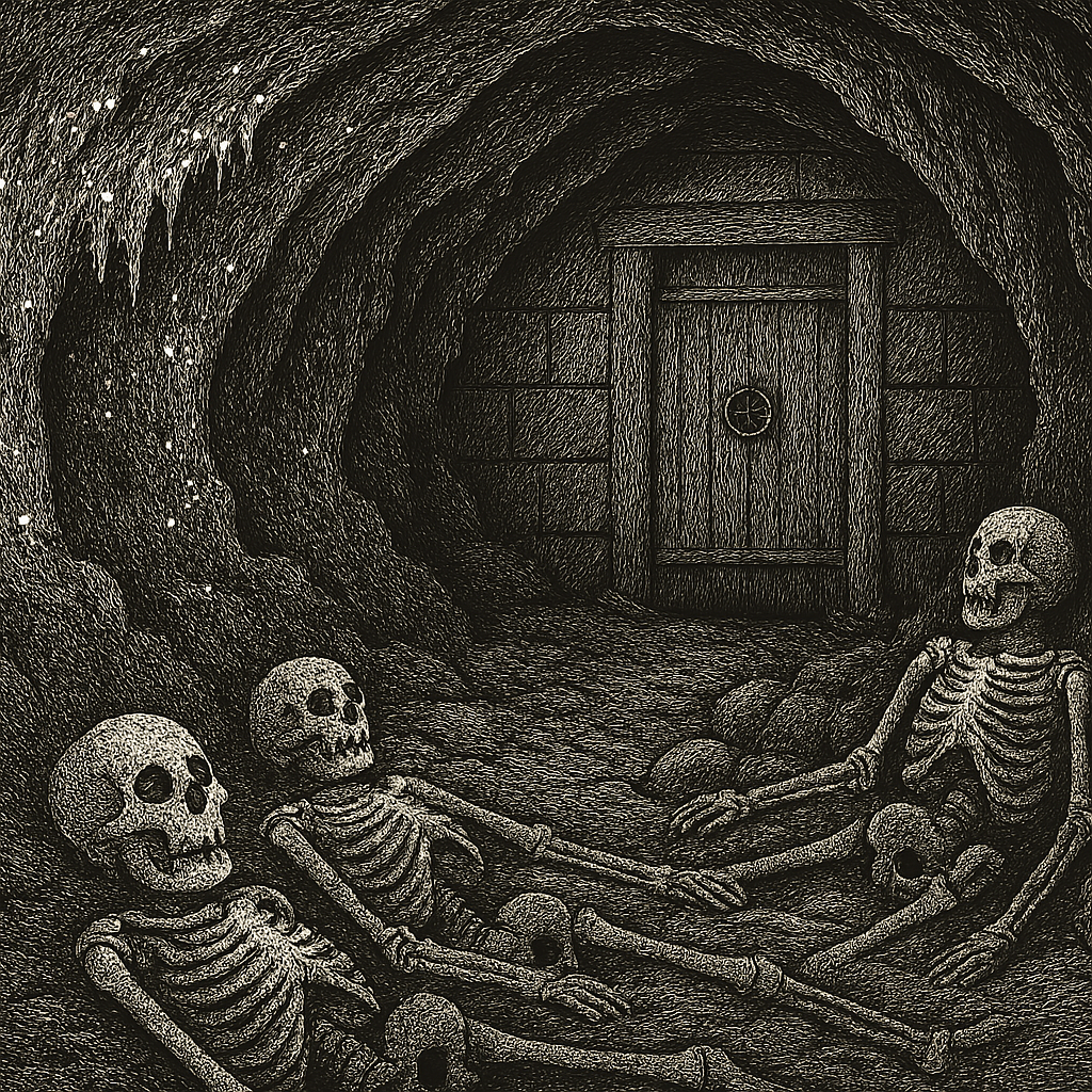 A line drawing depicting an underground cavern. Three humanoid skeletons lay on the ground before a reinforced door set into the rear wall.