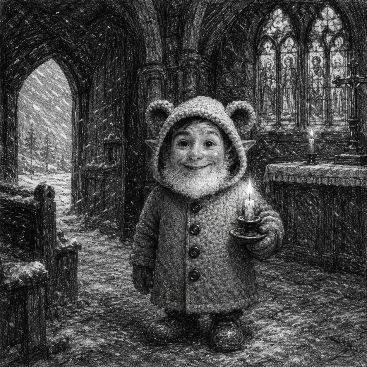 A black and white drawing of a male gnome wearing a teddy bear coat inside a cold chapel in winter.