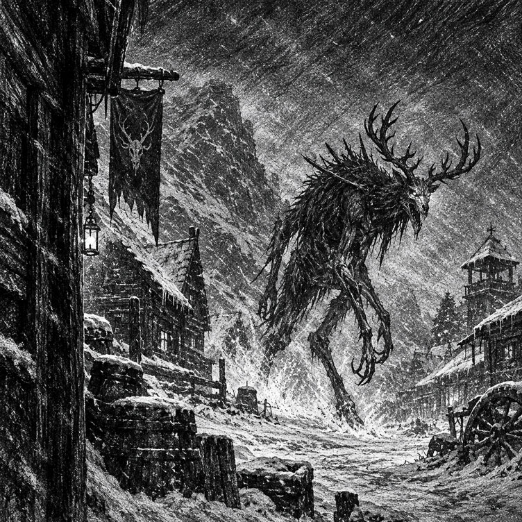 A black and white ink drawing of a medieval town in winter. A towering creature stands in the middle of a snow-covered street, a wolf's head sprouting massive antlers and numerous spiked covered insect-like limbs. Its glowing eyes are fixed on you.