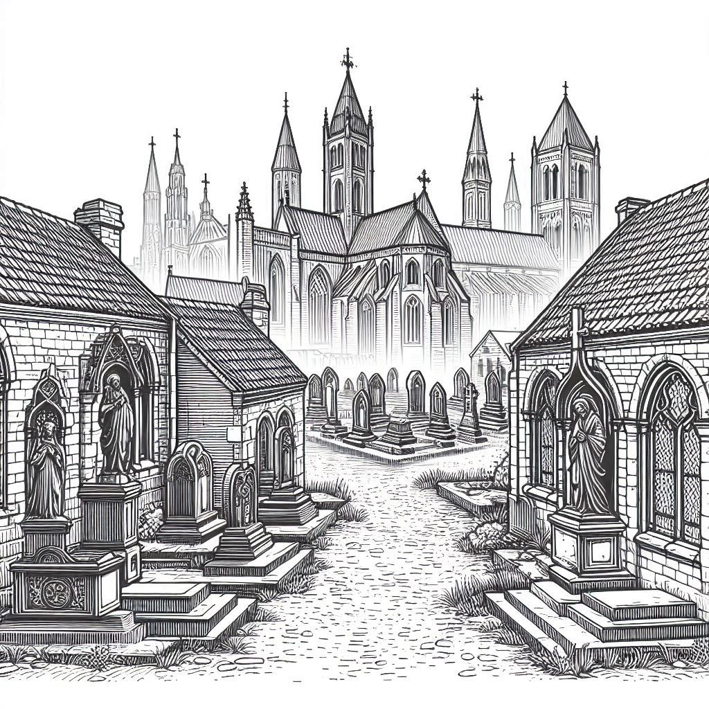 A line drawing of a graveyard showing a path between a number of ornate mausoleums with a large church in the distance.