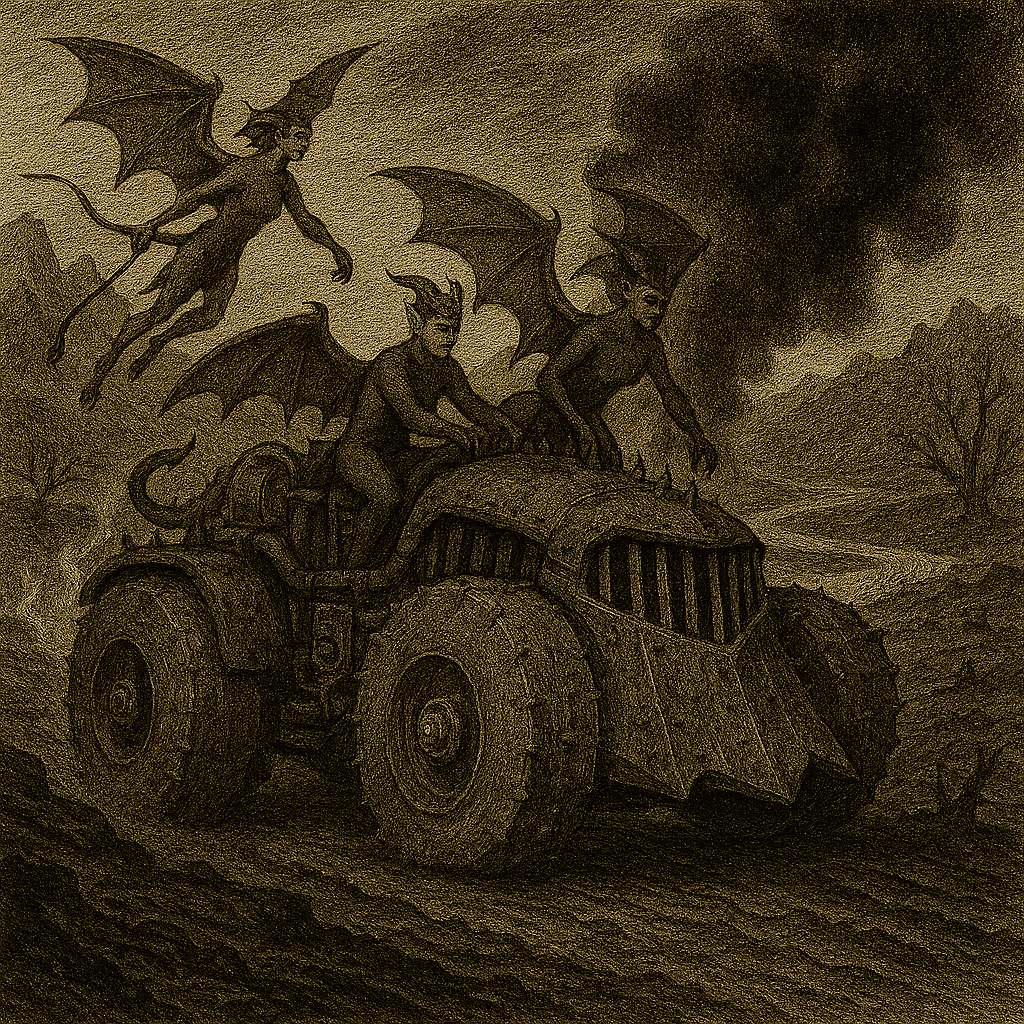 A line drawing showing three, winged female devils, driving a war machine on a blighted landscape