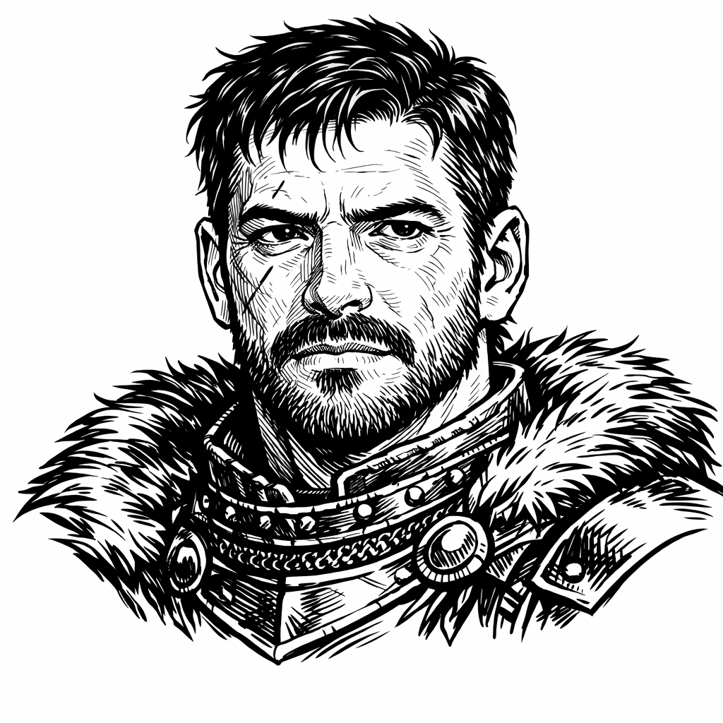 black and white drawing of a human male face rugged, with a beard and a fur trimmed coat