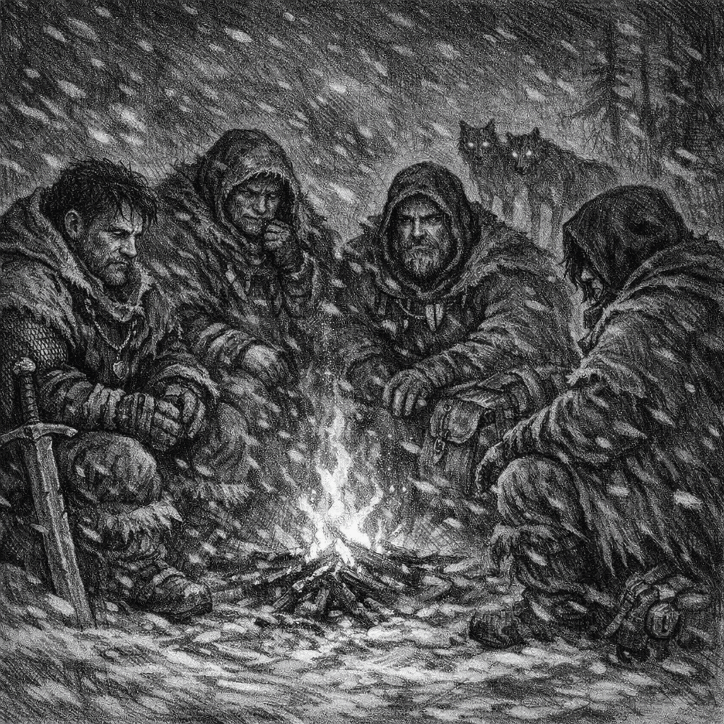 Black and white drawing of 4 men sitting around a campire in the snow with two wolves in the background
