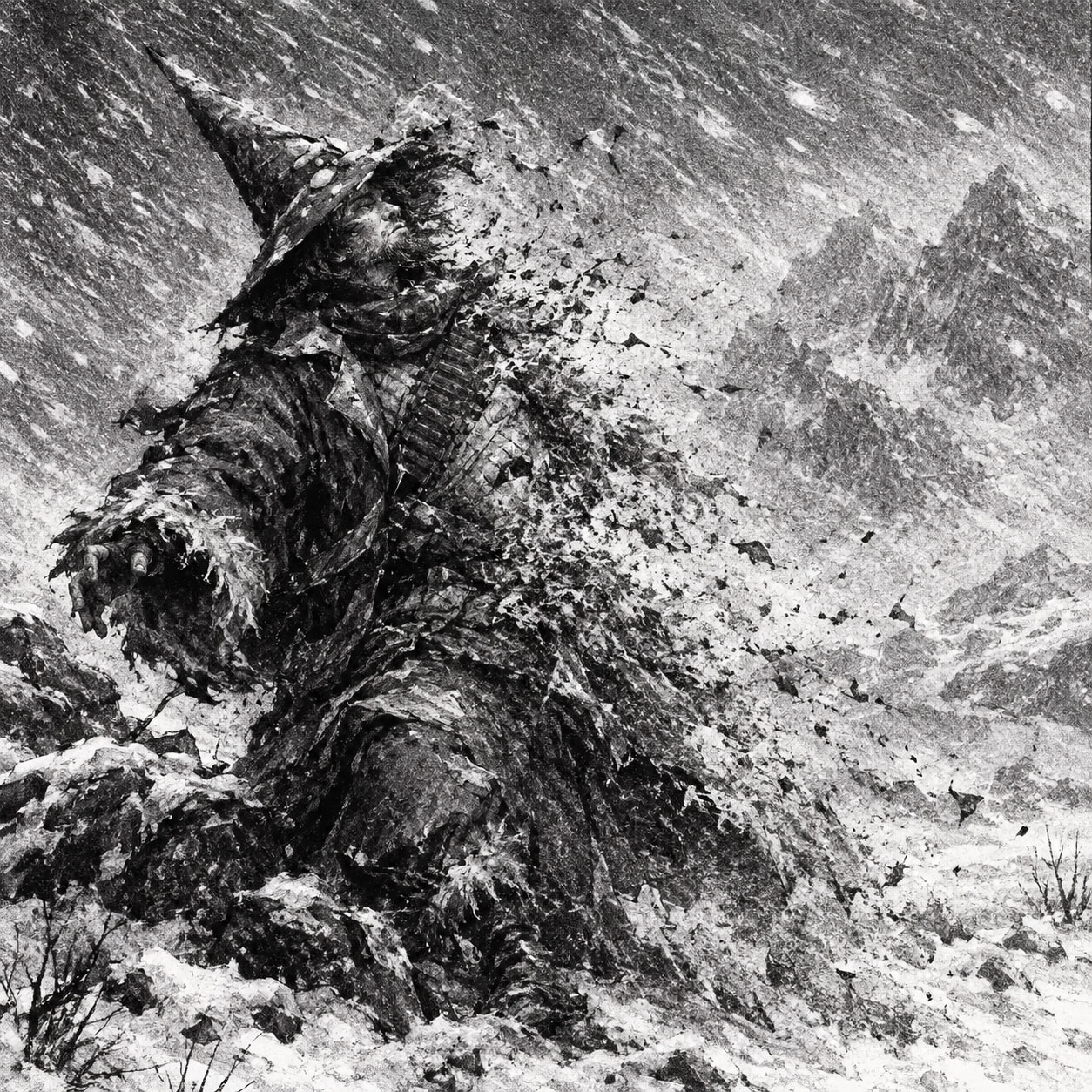 A black and white drawing of a wizard in a winter wilderness. His body is slowly disintegrating and its pieces are blow away by the wind.