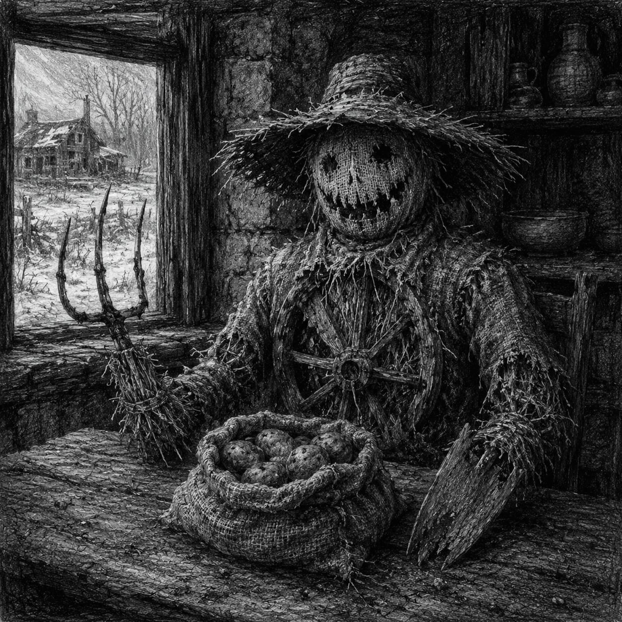 A black and white drawing of a creepy scarecrow sitting at the dinner table in a rural setting in winter