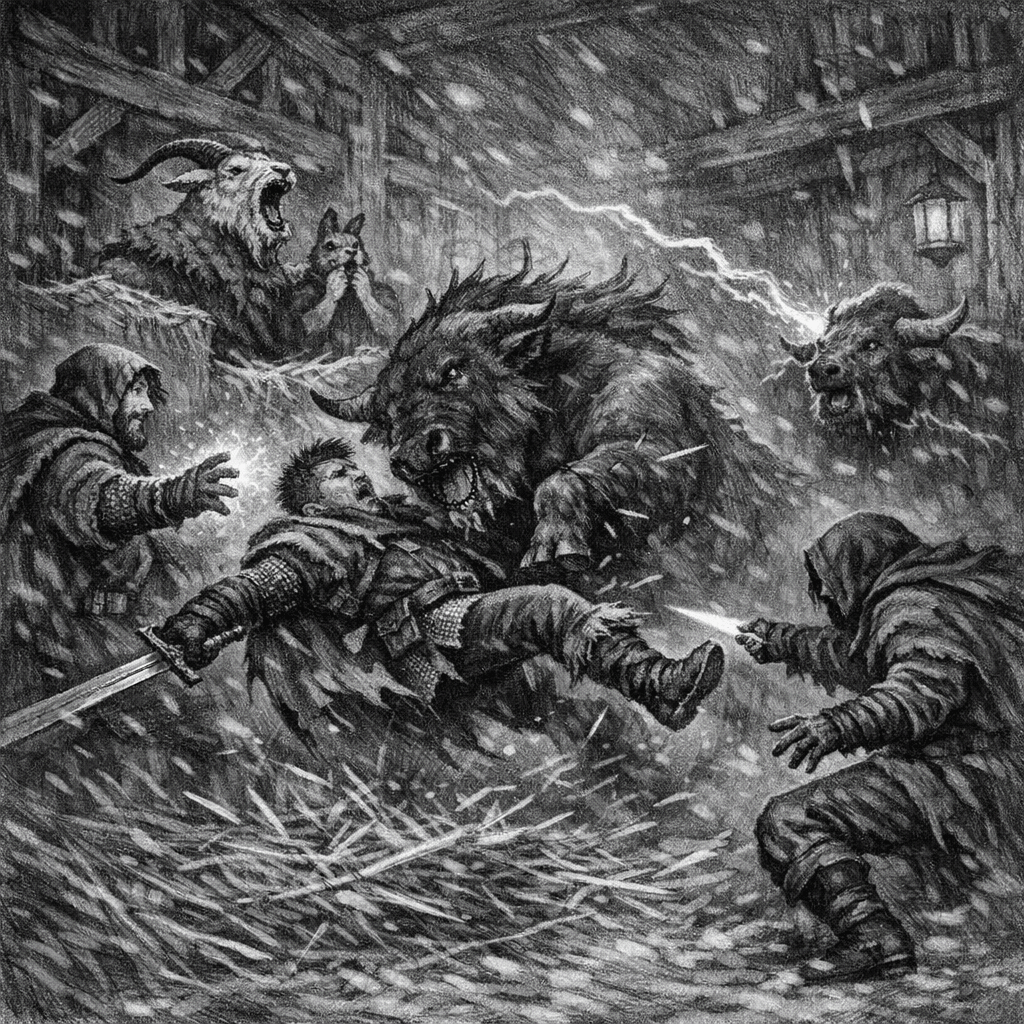 Black and white drawing of the interior of a stable where three warriors are being attacked by rampaging bulls behind which stands a goat and shocked looking rabbit