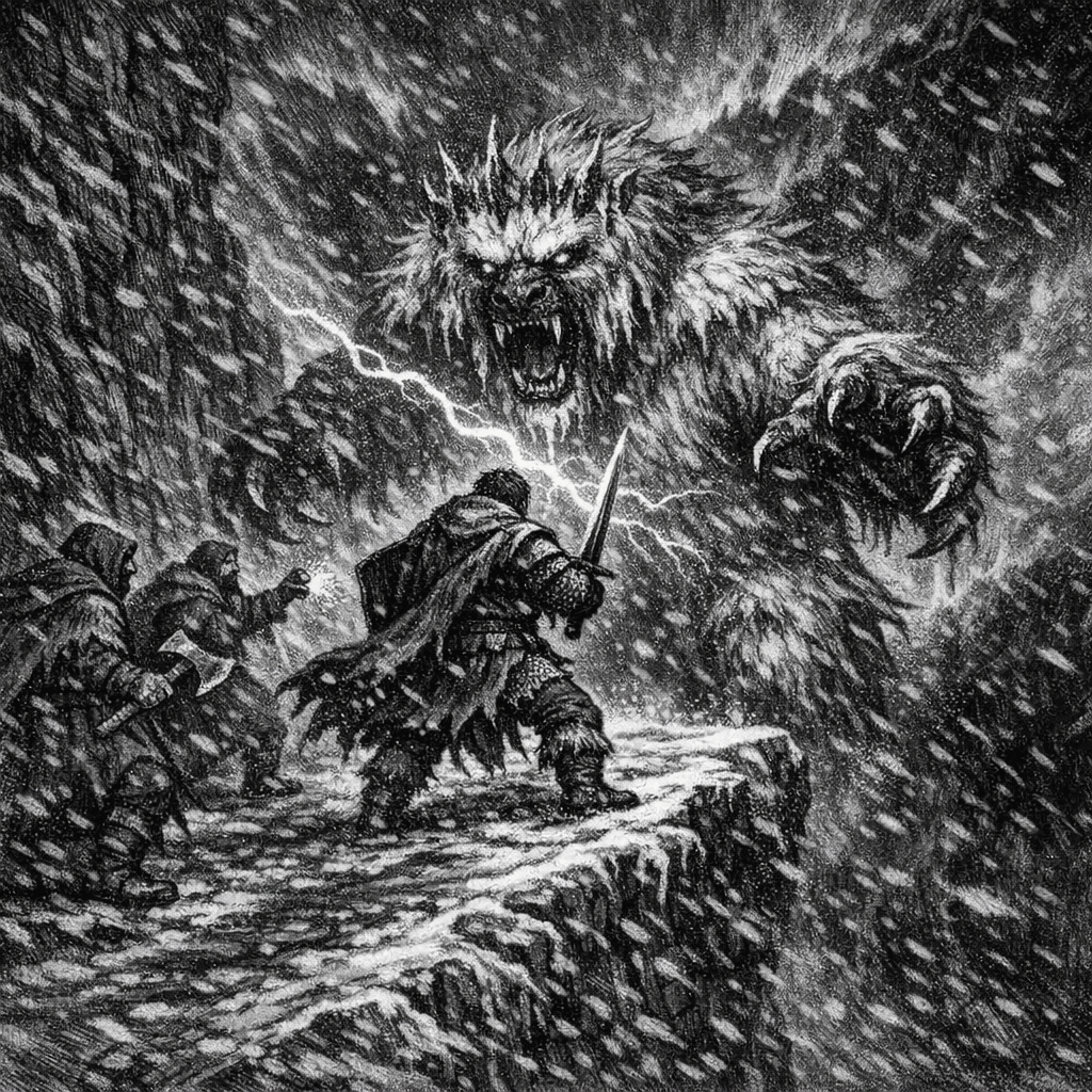 A black and white drawing of several men preparing to confront a huge yeti on a mountain trail during a snowstorm.