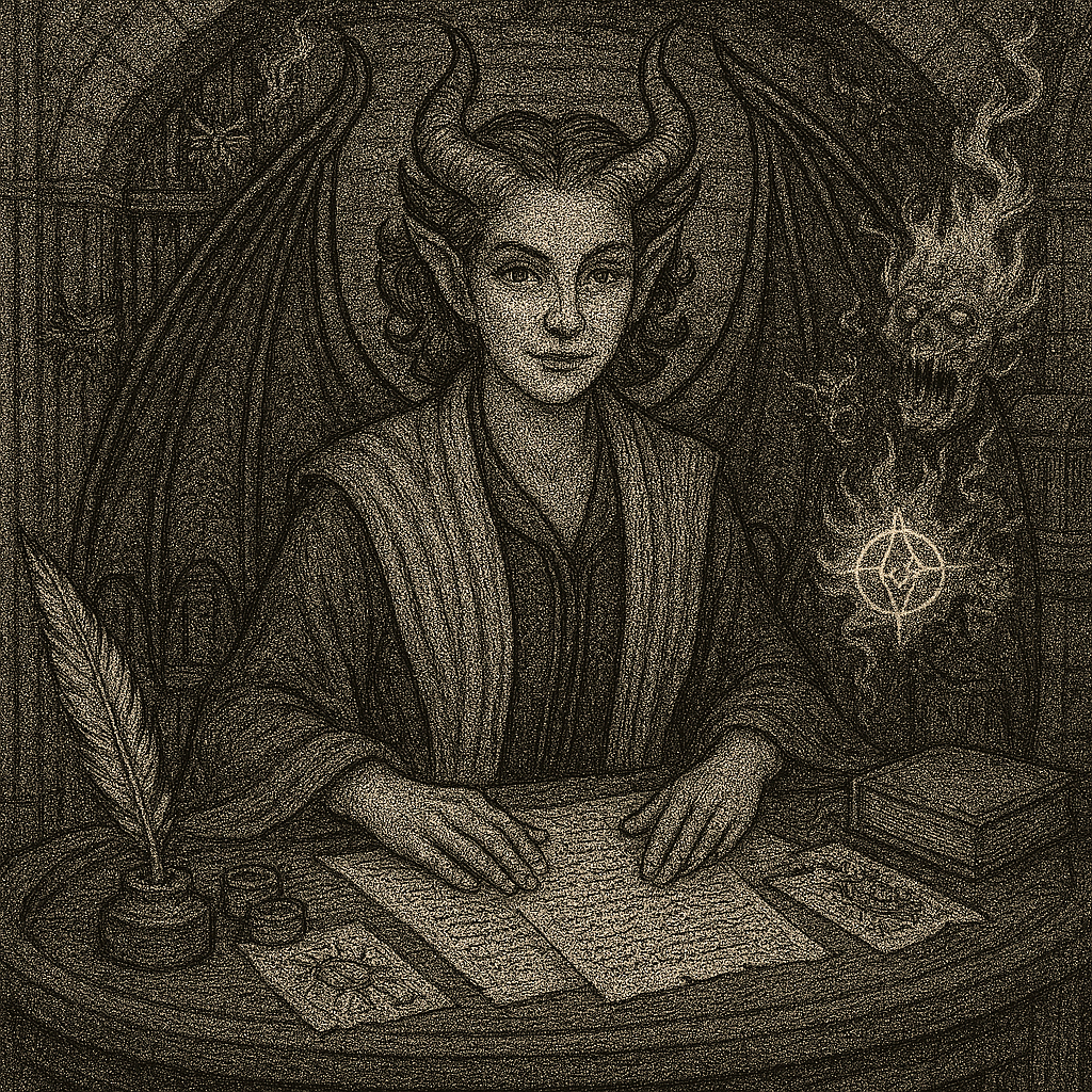 Line drawing of a woman with devil wings and curling horns seated at a desk with a burning grinning skull beside her