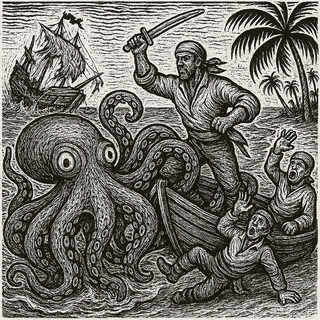 A line drawing depicting a group of sailors battling a giant octopus on a beach while a ship sinks in the background.