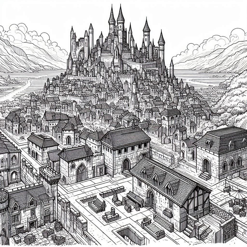 Line drawing of a medieval city built around a central hill with a castle overlooking the sprawl of houses.