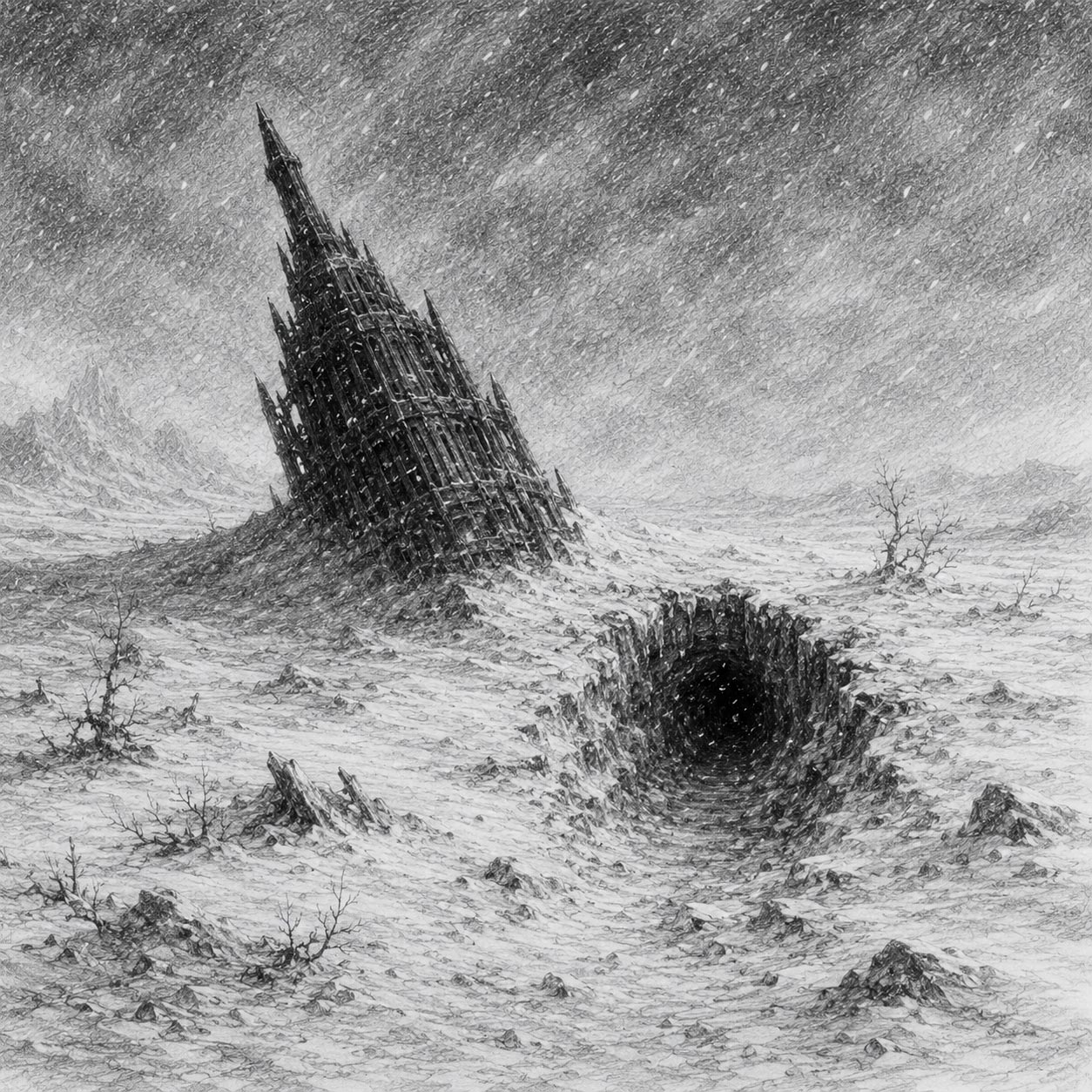 Black and white pencil drawing of a fallen tower half buried in the snow with a dug tunnel in the ground beside it.