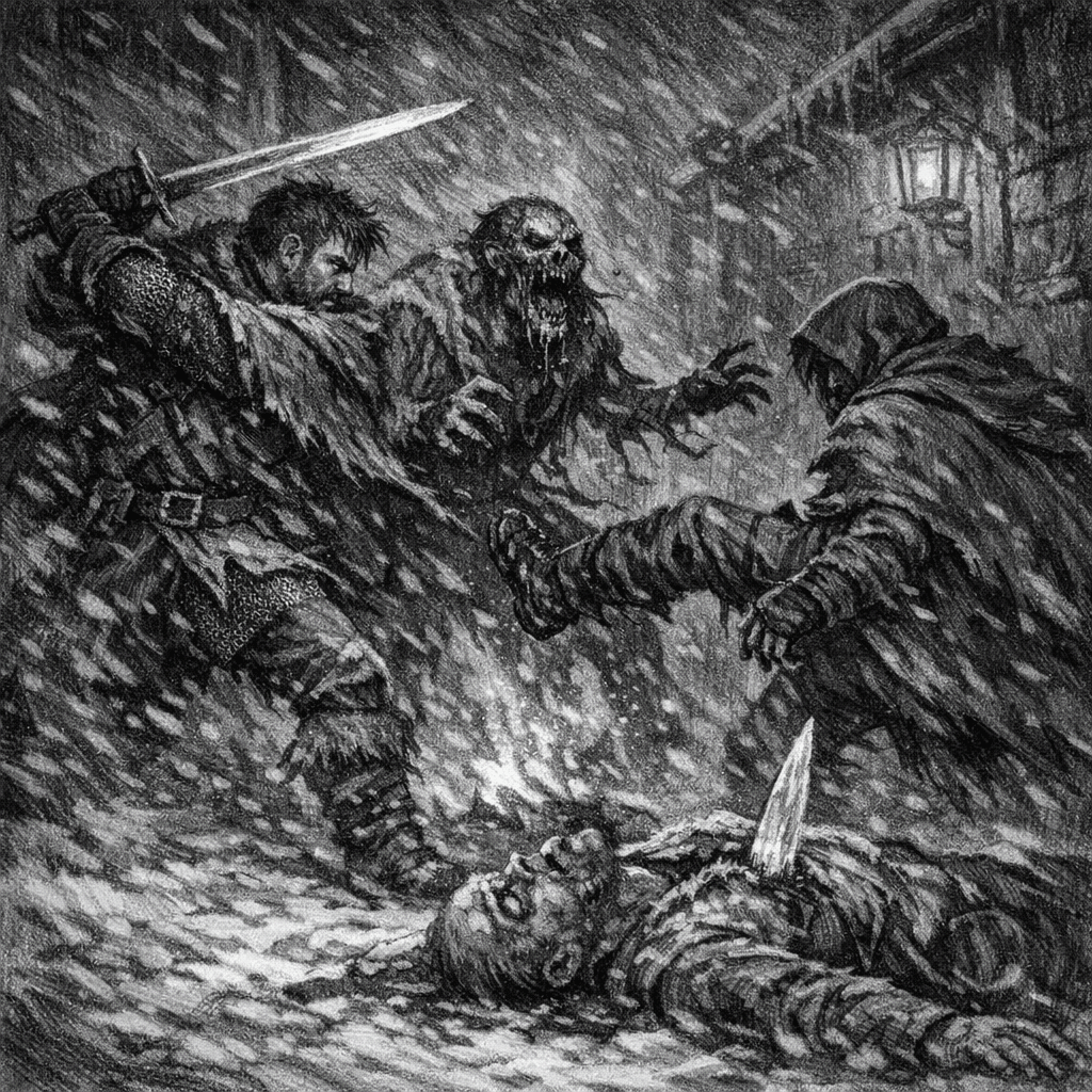 A black and white drawing of two men fighting a ghoul in a snowstorm with a dead body in the foreground speared with ice.