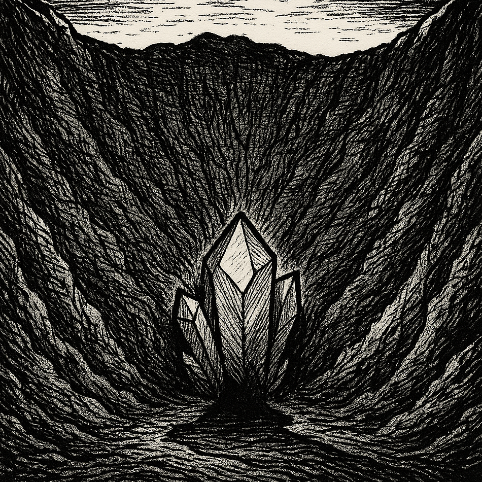 An ink drawing of a large crystal at the base of the cone of a volcano
