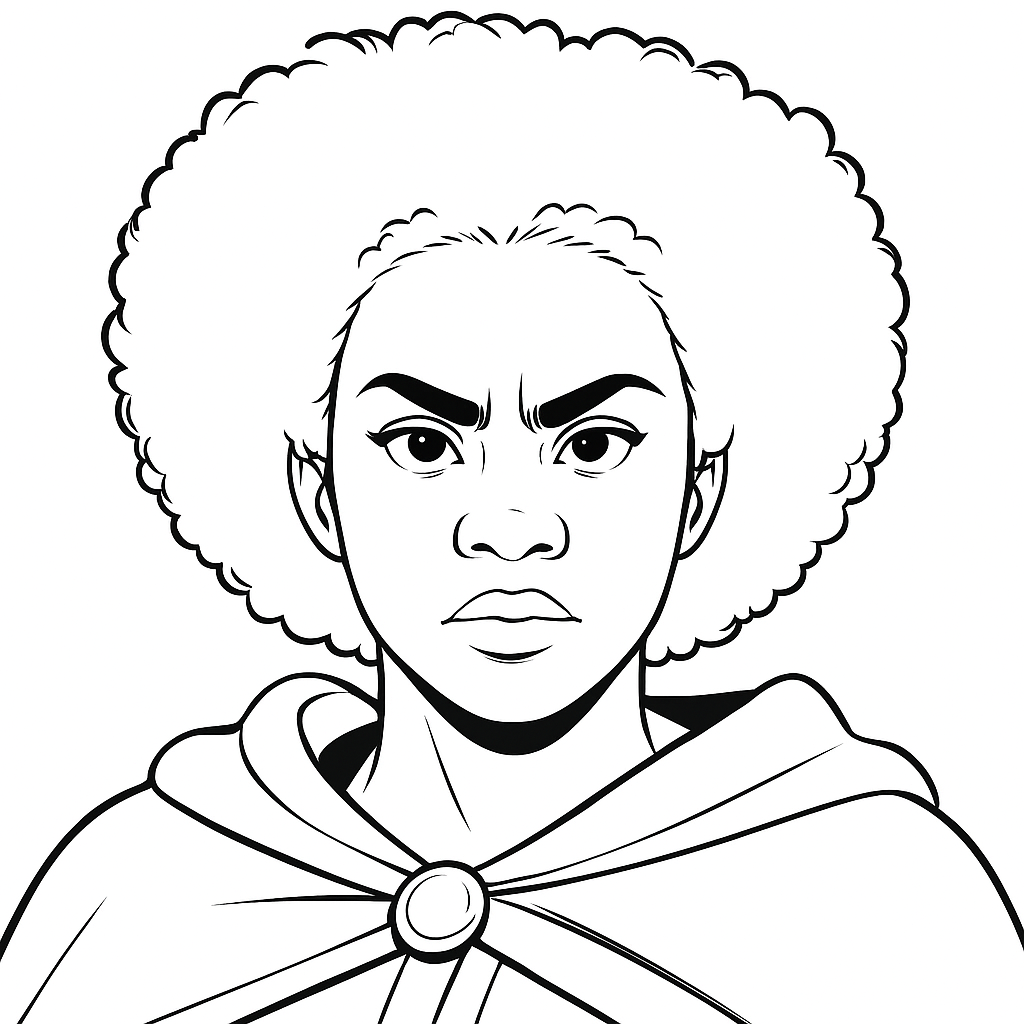 black and white drawing of a human woman's face with a stoic expression and thick hair