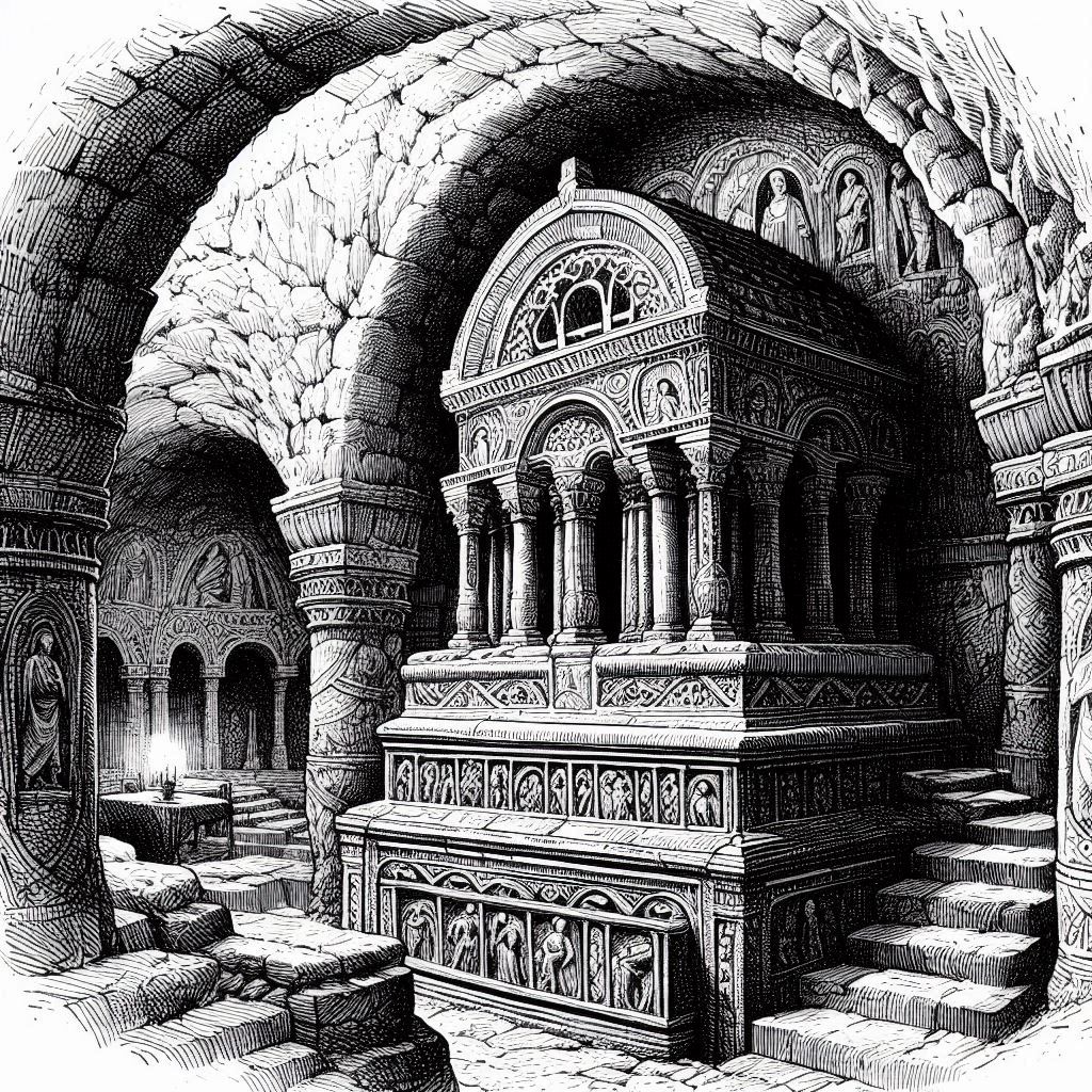 Line drawing of an underground crypt with a glowing brazier upon an altar beside an ornate memorial.