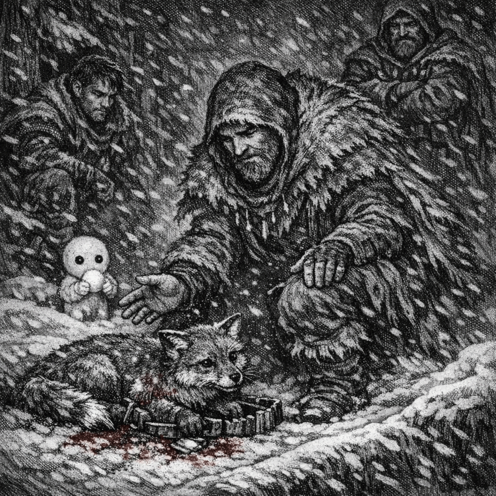 A black and white drawing of a man stooping to free an injured fox from a trap as snow falls.