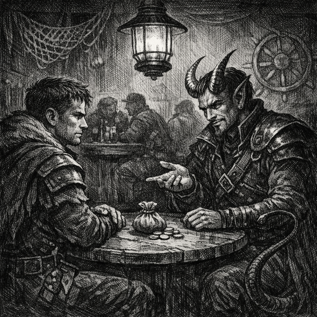 A black and white drawing of two men , one human, one tiefling, sitting at a table inside a tavern. A puch of coins sits between them as they talk.