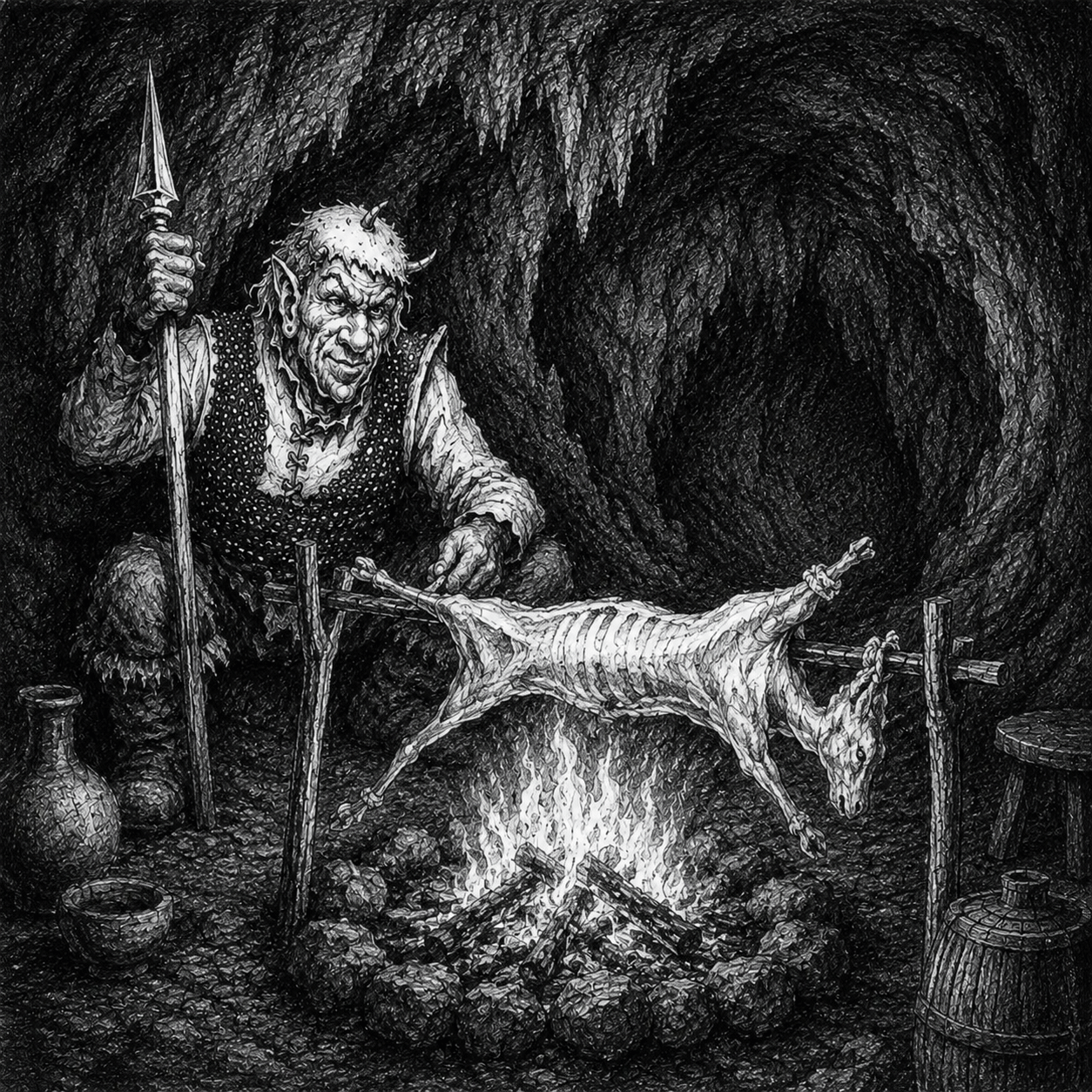 A black and white drawing of a malformed giant humanoid holding a spear in a cave, beside him is a spitted goat cooking over a fire.