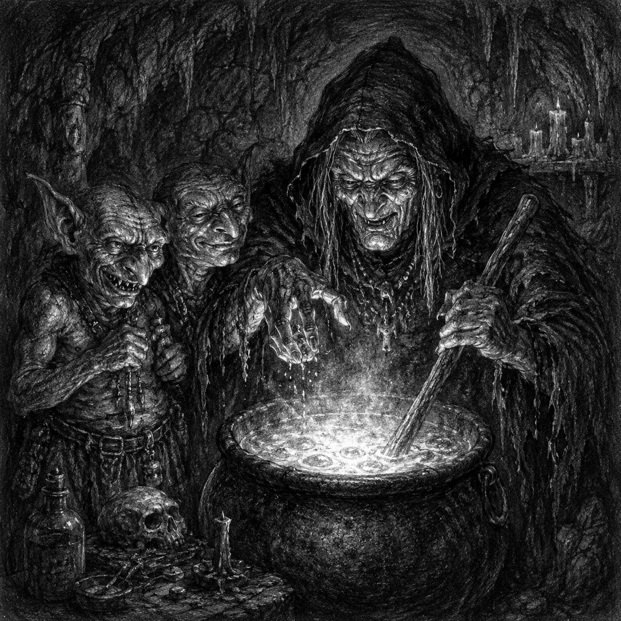 A black and white picture depicting a decrepit hag poised over a bubbling and glowing cauldron while a two headed goblin looks on.