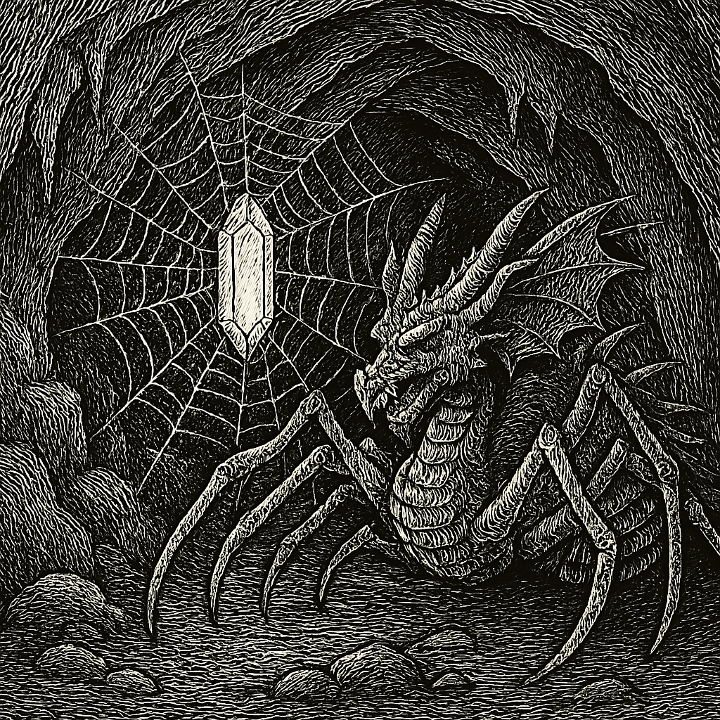 A line drawing depicting an underground cavern with a glowing gem suspended in the centre of a web in the background before which stands a terrible hybrid of dragon and spider.