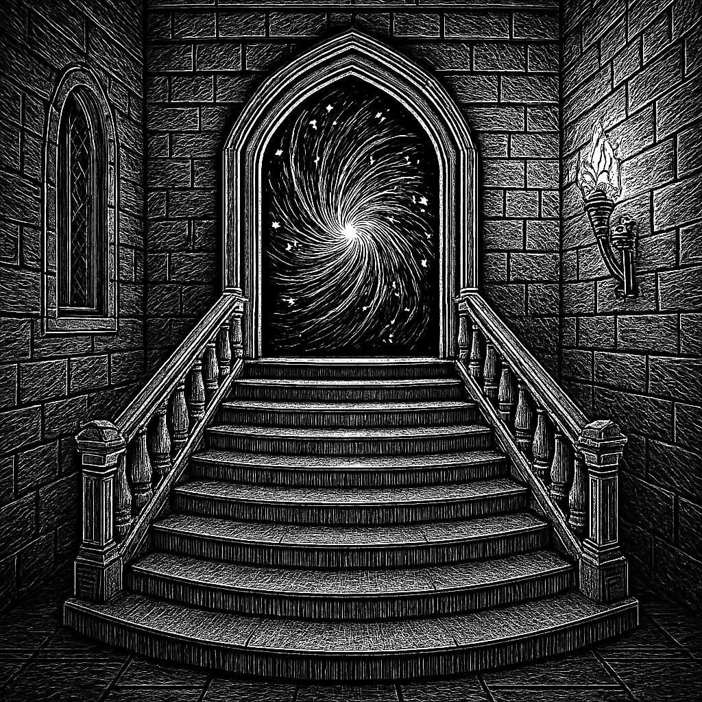 A black and white ink drawing of a stone staircase leading up to an arch with a swirl of magic within it.