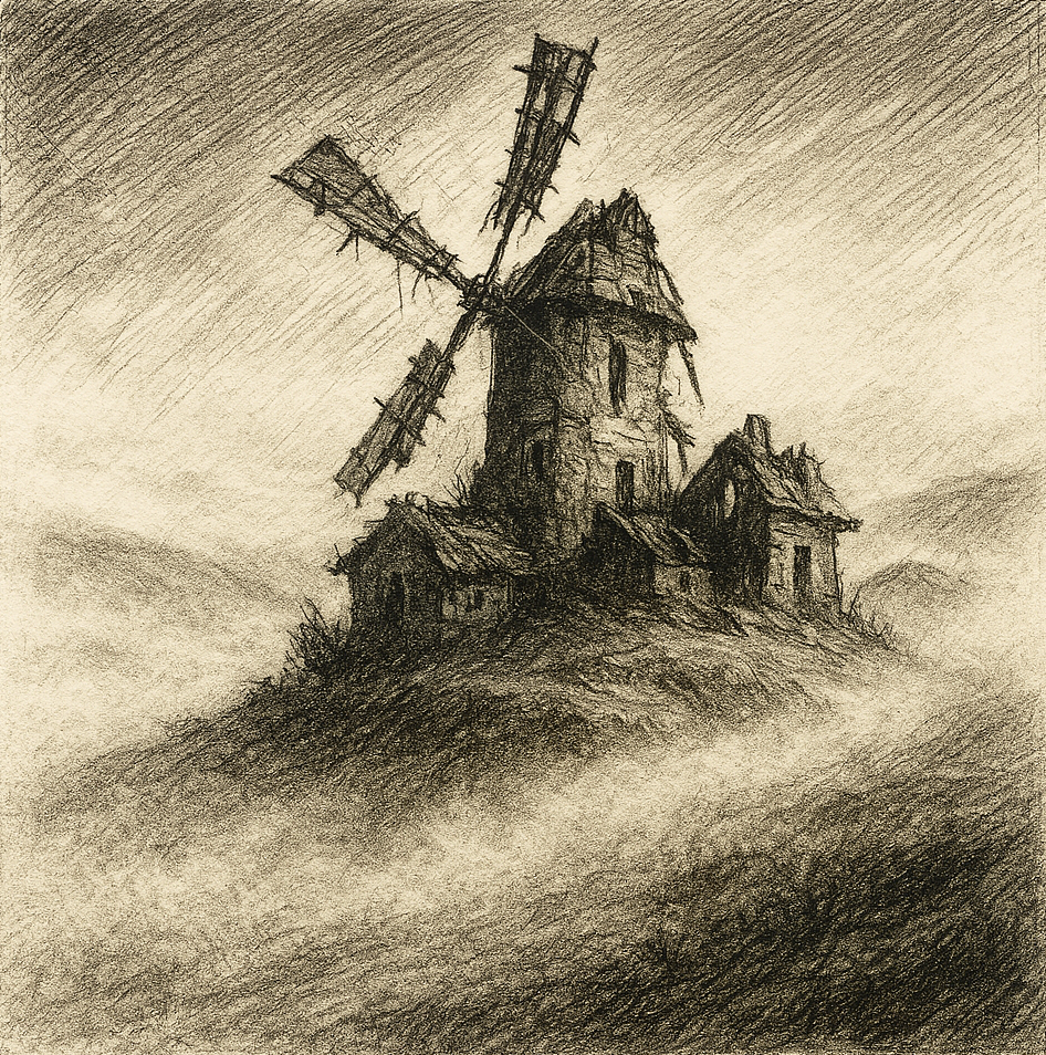 Line drawing of a ruined windmill on a hill surrounded by mist.
