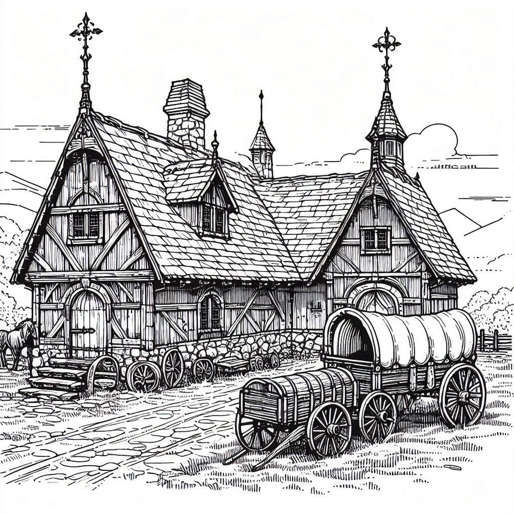 A line drawing of a medieval stable house with a pair of wagons parked out front.