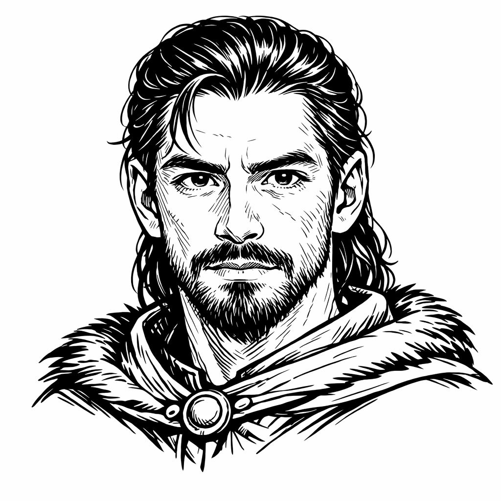 black and white drawing of a male human with dark hair and a goatee