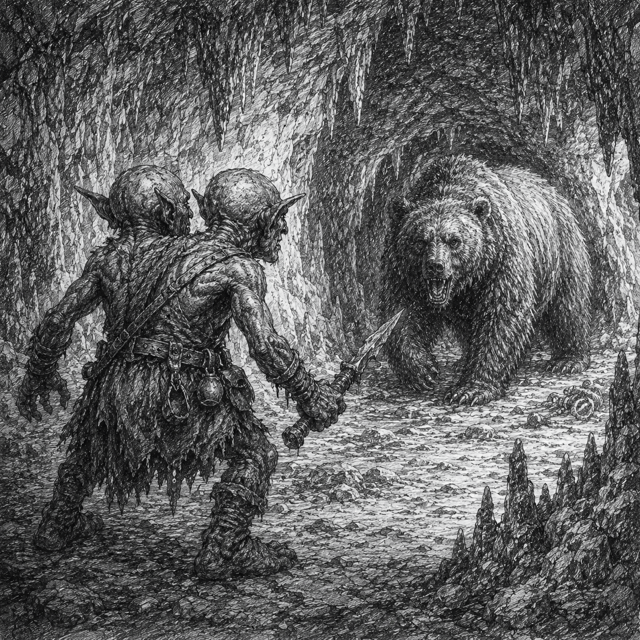A black and white drawing showing a two headed goblin confronting a brown bear in an underground cave.