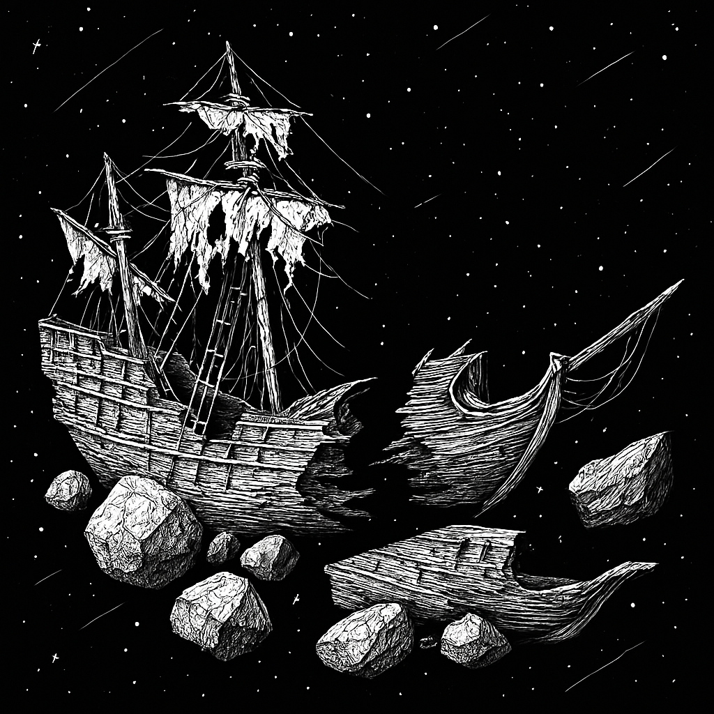 A line drawing of a wrecked galleon in three parts floating in an astral void with small asteroids.