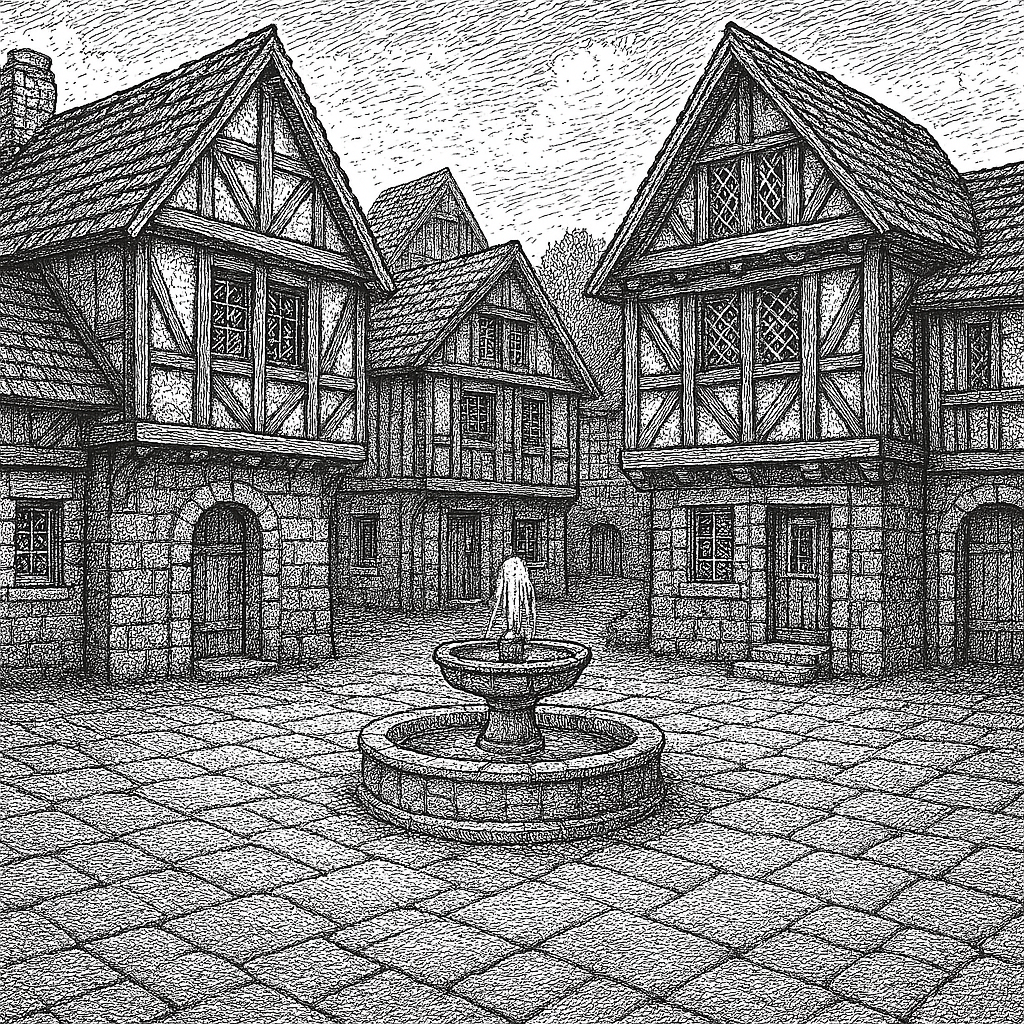 A line drawing of a medieval village square showing houses surrounding a central fountain.