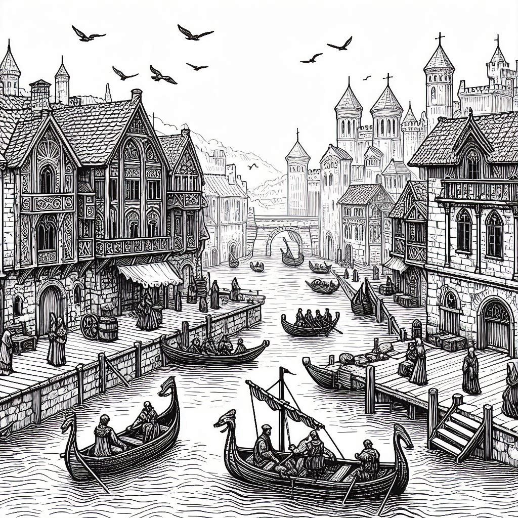 Line drawing of a river port in a medieval city, showing docks, ships, with birds flying overhead.