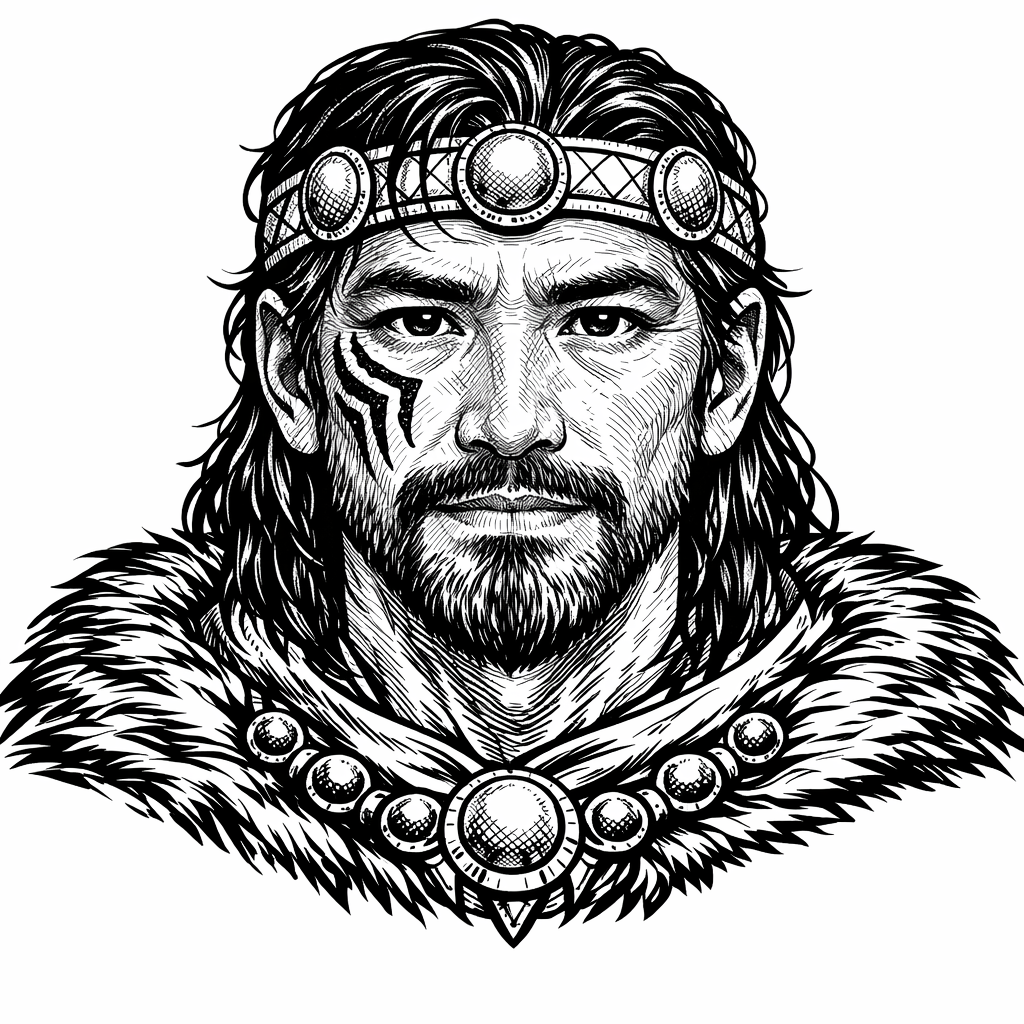 black and white drawing of a human male face late 40s with headband and tribal markins on his cheek