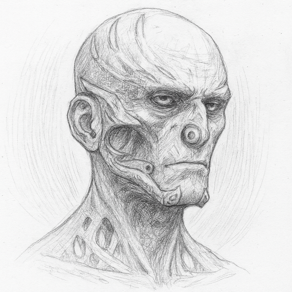 An ink drawing showing a close up of a desiccated undead human head.