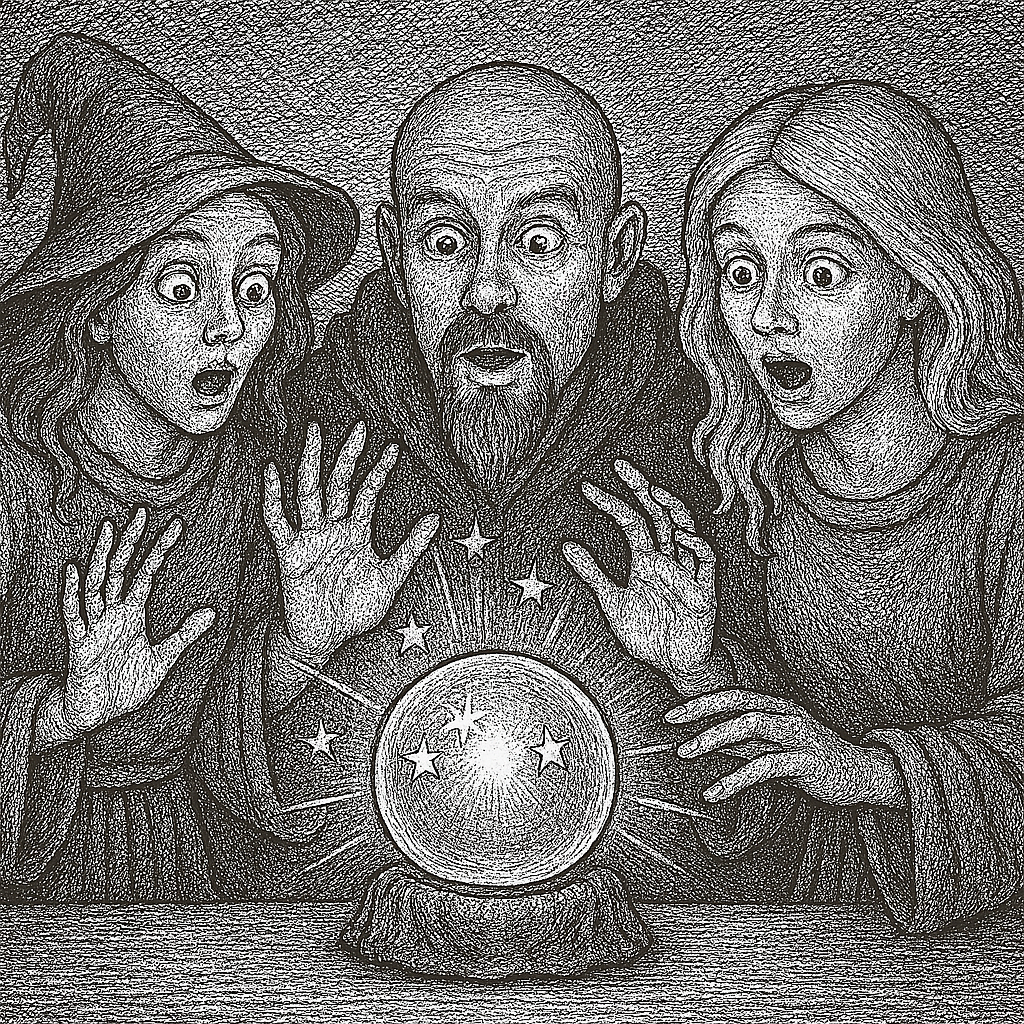 A line drawing of three wizards, a dark-haired woman wearing a witch's hat, a bald man with a goatee, and a blonde-haired woman, are staring astonished at a crystal ball.