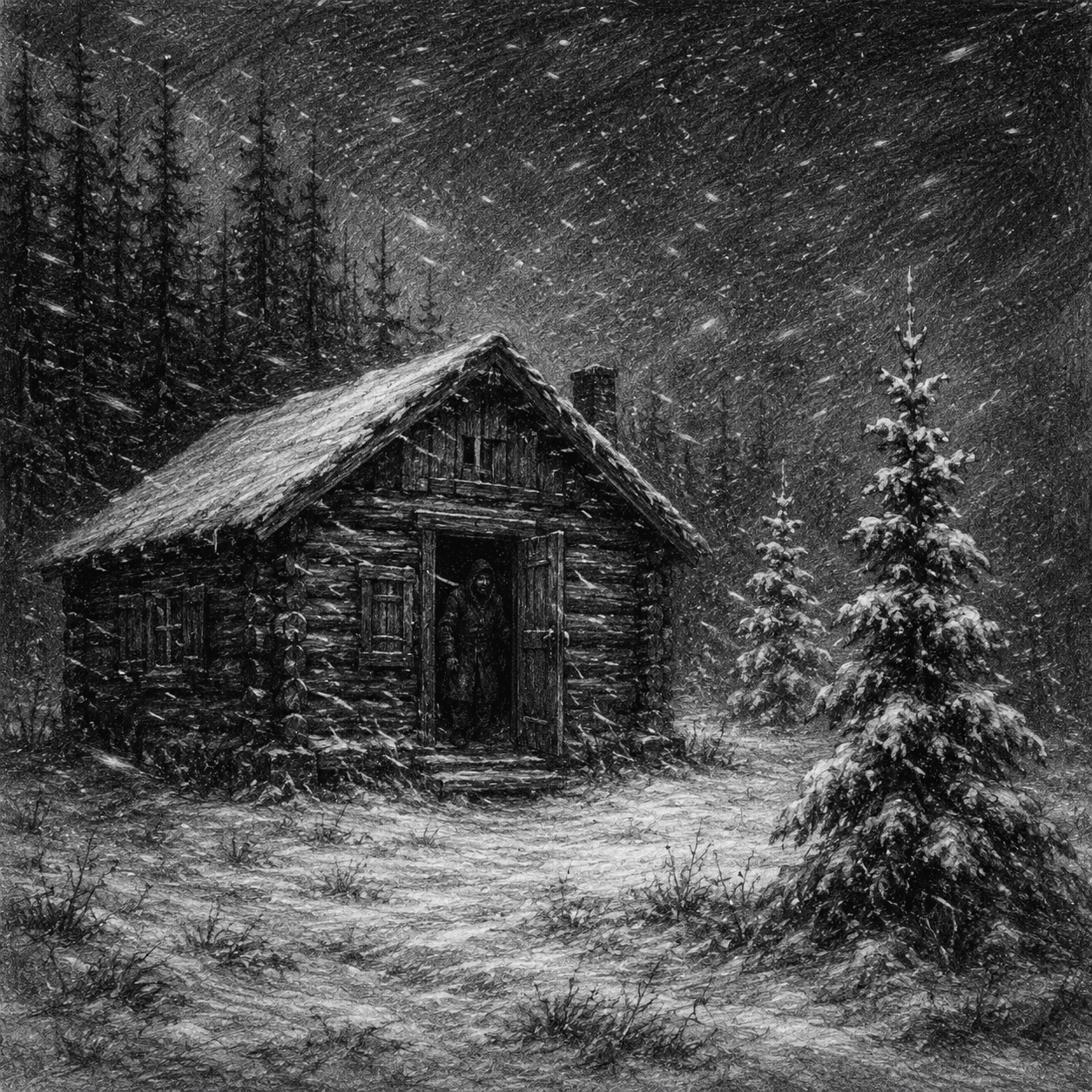 A black and white drawing of a log cabin in a forest glade with two snow covered pines nearby while snow falls. 