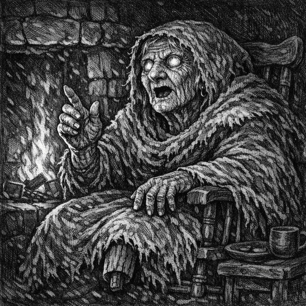 A black and white drawing of an elderly dwarf woman sitting by a roaring fire. Blind eyes wide open as she tells a story.
