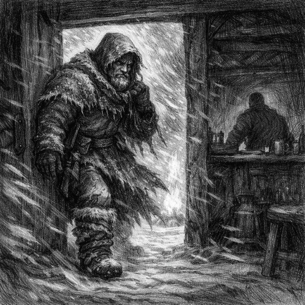 line drawing of a man in furs entering a tavern outside a snowstomr is blowing