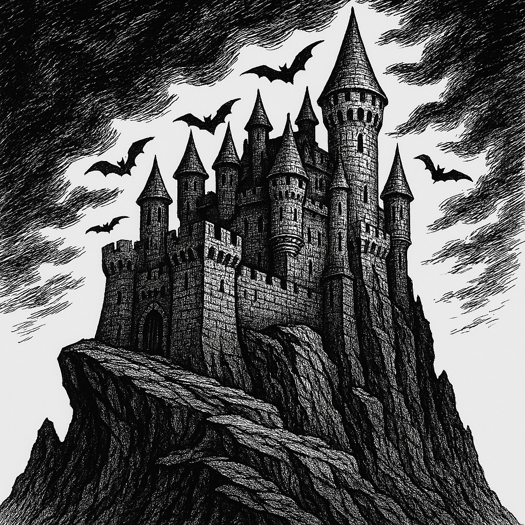 line drawing of a medieval castle on a rocky outcrop with bats flying around its towers