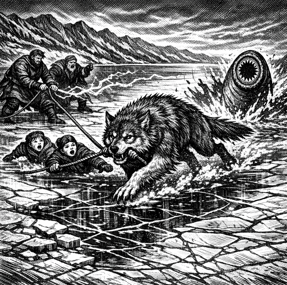 A black and white drawing of a boy and a girl being dragged from the ice by a wolf, with men attacking an enormous teeth filled worm in the background.
