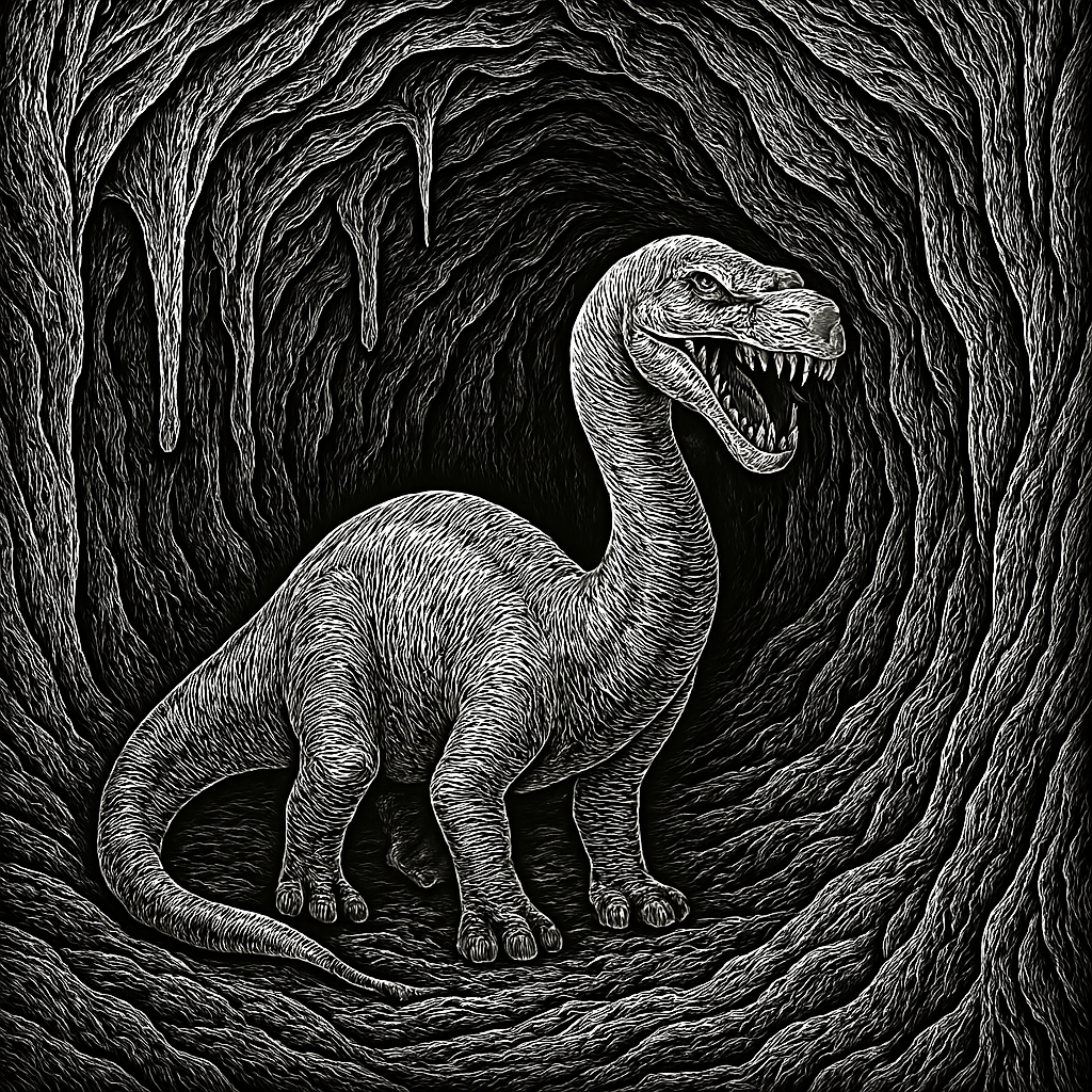 A black and white line drawing depicting a dinosaur looking creature inside a cavern made of flesh.