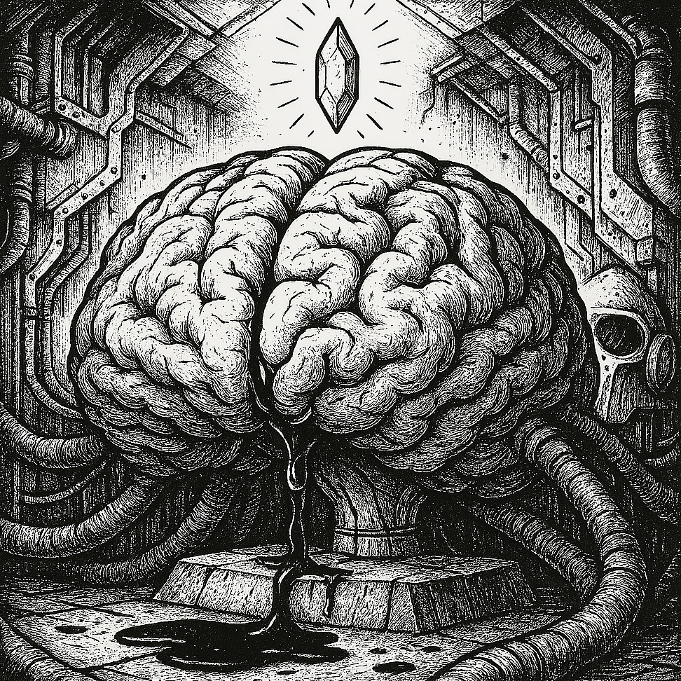 A line drawing depicting a large brain leaving fluid with a glowing gem floating above it.