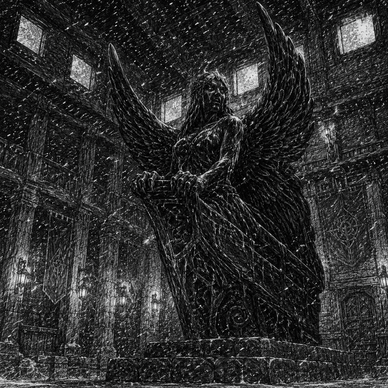 Black and white drawing of an ominous black stone statue depicting a winged female on the prow of a boat housed within a vast stone chamber lit by torches.