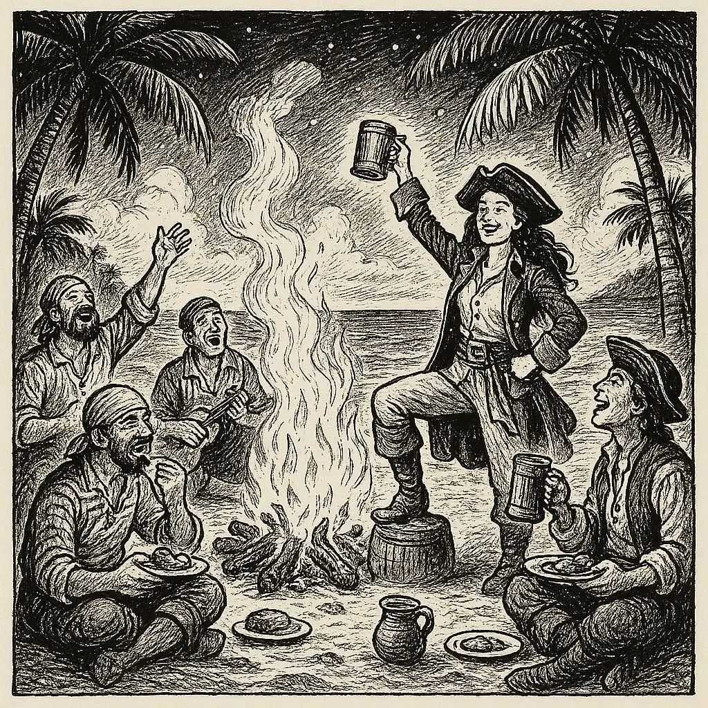 A line drawing depicting a group of old time sailors sitting around a campfire with a female captain in a tri-corn hat raising a tankard high in toast.