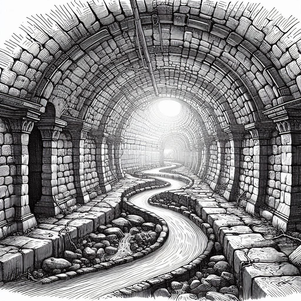 Line drawing of an underground sewer with sun shining through a grate above a winding channel of water.